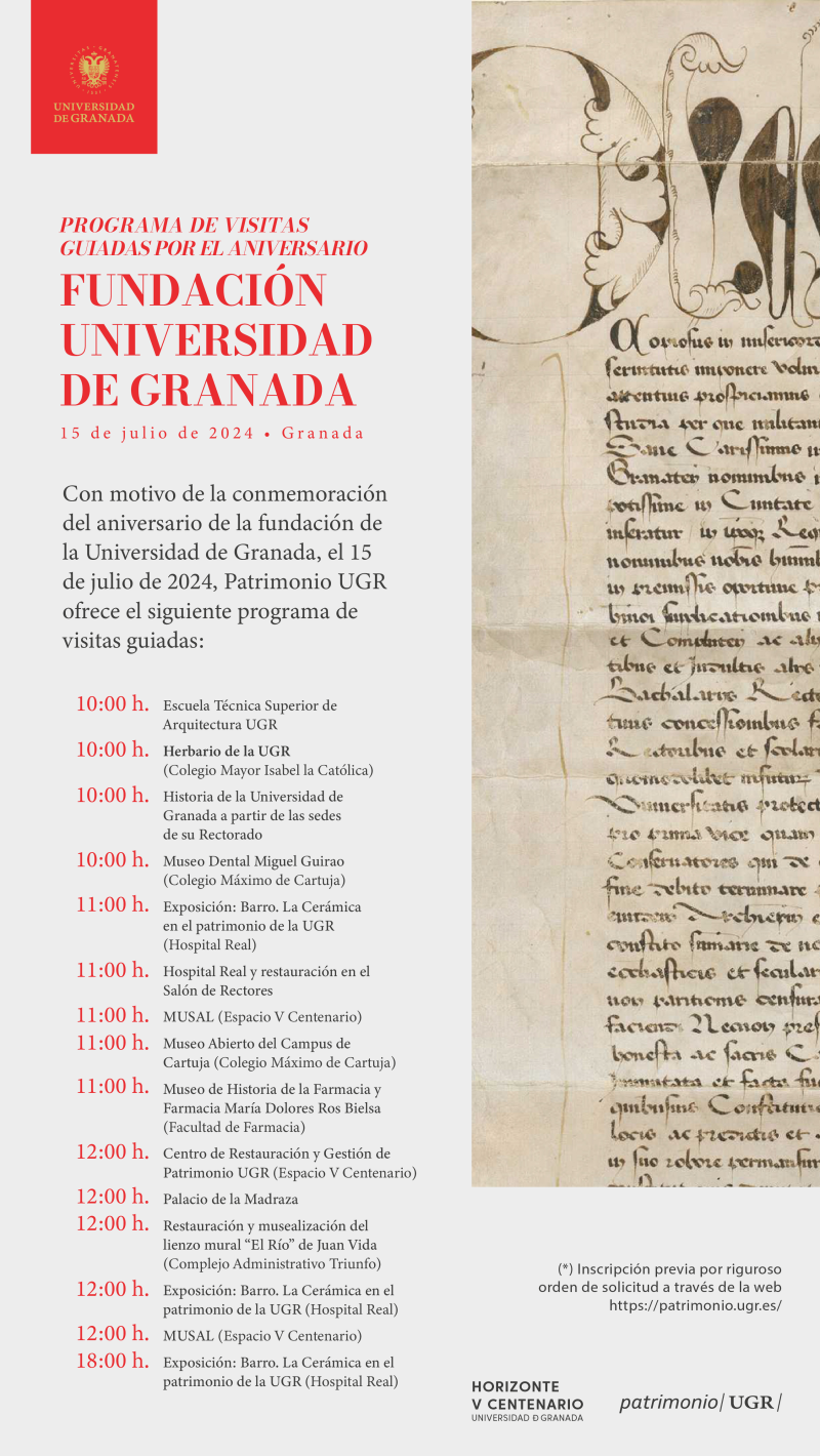 Cartel anunciador de la actividad en el que aparece la imagen de la bula papal para la fundación de la Universidad de Granada