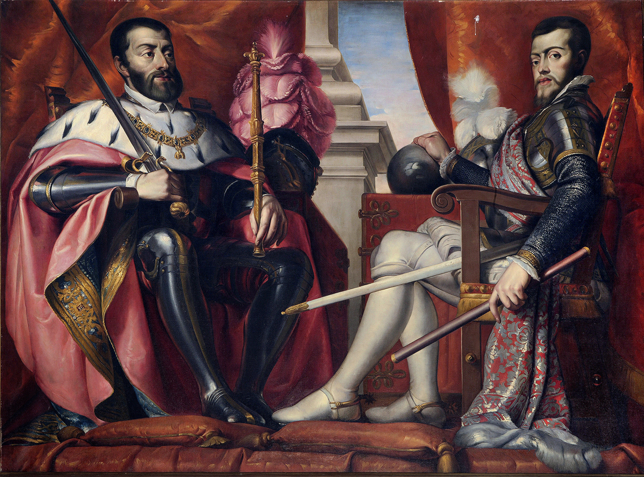 Cuadro de Carlos V y de Felipe II sentados uno frente al otro